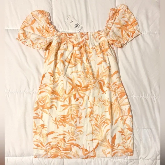 NWT: Abercrombie & Fitch Orange Hawaiian Floral Puff Sleeve Mini Dress - Picture 2 of 5